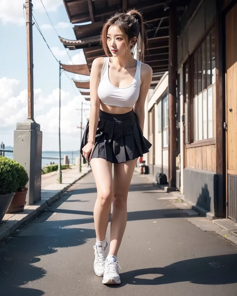 Beautiful Chinese waifu, early 30s, brunette hair, cropped vest, pleated skirt, trainers