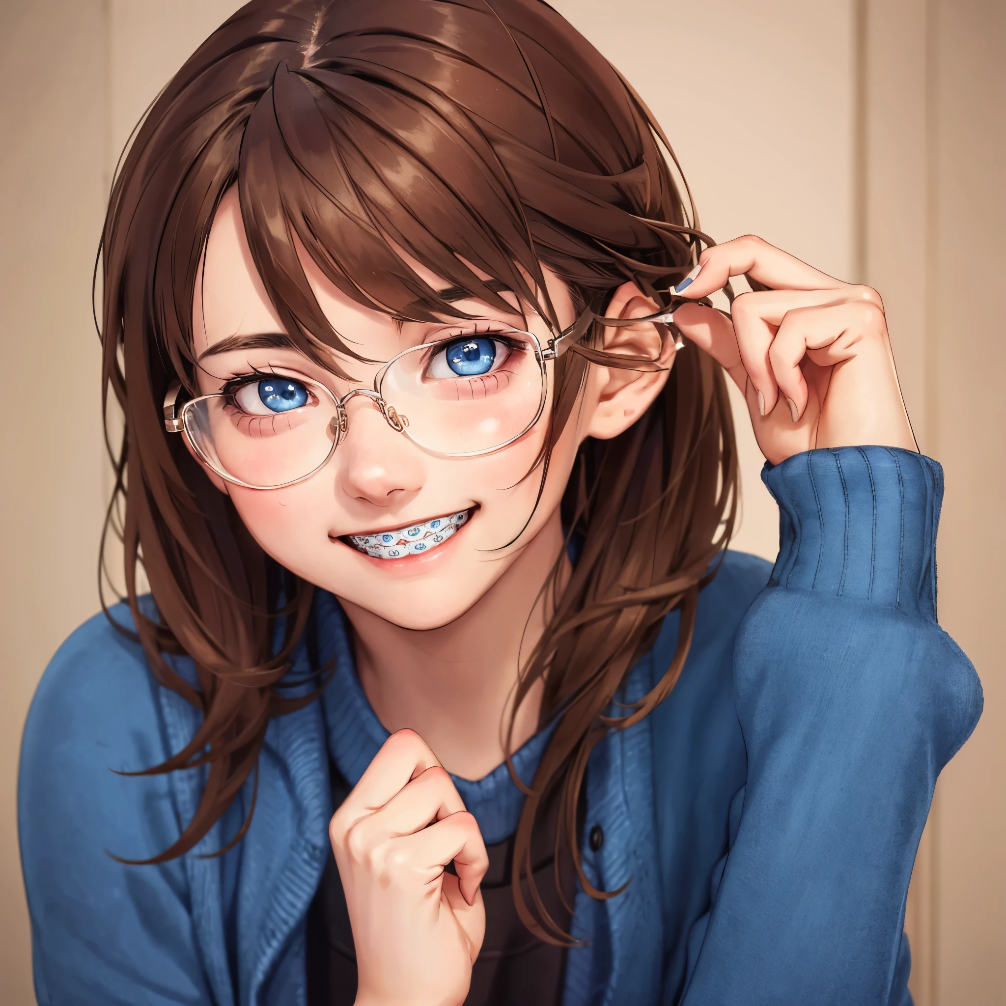 1girl, seductive eyes, braces, glasses, smiling, cute, face focus, blue eyes, blush, brown hair, best quality, masterpiece, highres