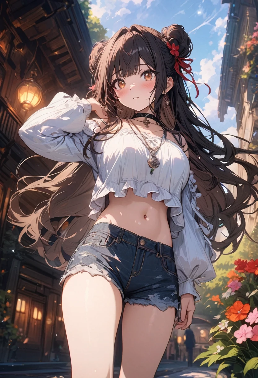 (masterpiece), best quality, very aesthetic, newest, absurdres, detailed, high quality
BREAK
highest quality, top quality, details, highres, ultra fine painting, digital art, official art, cinematic, 4k, 8k resolution, 8K CG wallpaper, CG, original artwork, detailed background, colorful background, blue atmosphere, High Dynamic Range, blurry background, blue hour, Starburst effects, crepuscular rays, good ISO, high resolution, wide shot, from far away, RAW photo, POV, sharp focus, light reflection, reflections, intricate details, soft light, particle noise, professional photography, bokeh, depth of field, natural lighting, vibrant colors, looking away, detailed lights and shadows, stylish, ultra-detailed, top rated on Pixiv, trending on Artstation, niji style, modern-days, master crafted, pose
BREAK
solo, (close up), 1girl, pale skin, correct fingers, detailed hand, (big breasts:1.2), big thighs, small torso, short body, flushtered, blush, anxious expression, embarassed, embarassed act, casual, slim, ((cute, childlike face):1.3), nice body, brown hair, (very long flowing hair), (big 2 buns hairstyle)), long bangs, long hair, middle hair bangs, brown eyes
BREAK
(white loose-fitting crop shirt, long sleeve, denim shorts, choker, casual wear style, detailed tummy, belly button, modern fashion)
BREAK
tranquil park scene, The park features lush, green grass, a variety of trees in different shapes and sizes, and a serene pond reflecting the sky. Scattered benches and winding pathways invite visitors to stroll and relax. Include a vibrant flower garden with a mix of colorful blooms.