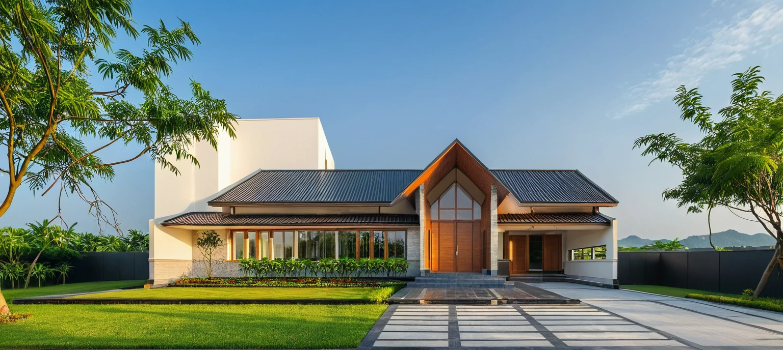 masterpiece, best quality, exterior design, single 1 storie modern house on the Vietnam village, flower garden, modern dark tiled granite and white walls facade, wooden ceiling, large glass, minimalist modern style, green shrubs and tropical tree background, natural light, clear sky morning background, large door and windows,