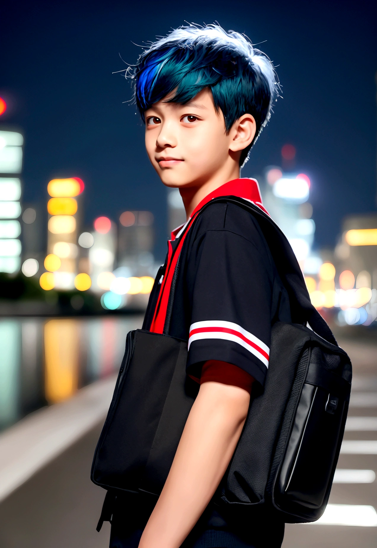 (best quality,4k,8k,highres,masterpiece:1.2),ultra-detailed,(realistic,photorealistic,photo-realistic:1.37),HDR,UHD,studio lighting,ultra-fine painting,sharp focus,physically-based rendering,extreme detail description,professional,vivid colors,bokeh,portraits A boy with short black hair, wearing a boy , with glowing red eyes,smile, standing in a bustling city. The boy has a calm and chill expression on his face. He is surrounded by tall buildings and colorful neon lights, creating a vibrant and lively atmosphere. The cityscape extends into the distance, showcasing the vastness and energy of urban life. The boy's blue hair contrasts with the warm tones of the city, making him stand out. His uniform is neat and well-fitted, representing his disciplined and studious nature. The glowing red eyes add a touch of mystery and intrigue to his appearance, hinting at supernatural abilities or a hidden power within him. The portrait of the boy is of the highest quality, with every detail meticulously captured. The lighting in the scene is carefully crafted to enhance the boy's features and create a dramatic effect. The colors are vivid and vibrant, further enhancing the overall impact of the artwork. carrying backpack. wearing sneakers. tired. from a far. yawn. a girl with white hair. wearing girl . carrying bag