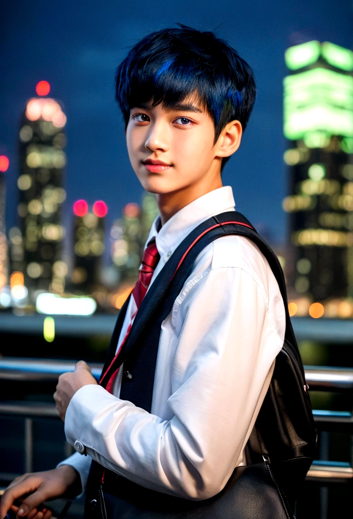 (best quality,4k,8k,highres,masterpiece:1.2),ultra-detailed,(realistic,photorealistic,photo-realistic:1.37),HDR,UHD,studio lighting,ultra-fine painting,sharp focus,physically-based rendering,extreme detail description,professional,vivid colors,bokeh,portraits A boy with short black hair, wearing a boy , with glowing red eyes,smile, standing in a bustling city. The boy has a calm and chill expression on his face. He is surrounded by tall buildings and colorful neon lights, creating a vibrant and lively atmosphere. The cityscape extends into the distance, showcasing the vastness and energy of urban life. The boy's blue hair contrasts with the warm tones of the city, making him stand out. His uniform is neat and well-fitted, representing his disciplined and studious nature. The glowing red eyes add a touch of mystery and intrigue to his appearance, hinting at supernatural abilities or a hidden power within him. The portrait of the boy is of the highest quality, with every detail meticulously captured. The lighting in the scene is carefully crafted to enhance the boy's features and create a dramatic effect. The colors are vivid and vibrant, further enhancing the overall impact of the artwork. carrying backpack. wearing sneakers. tired. from a far. yawn. a girl with white hair. wearing girl . carrying bag
