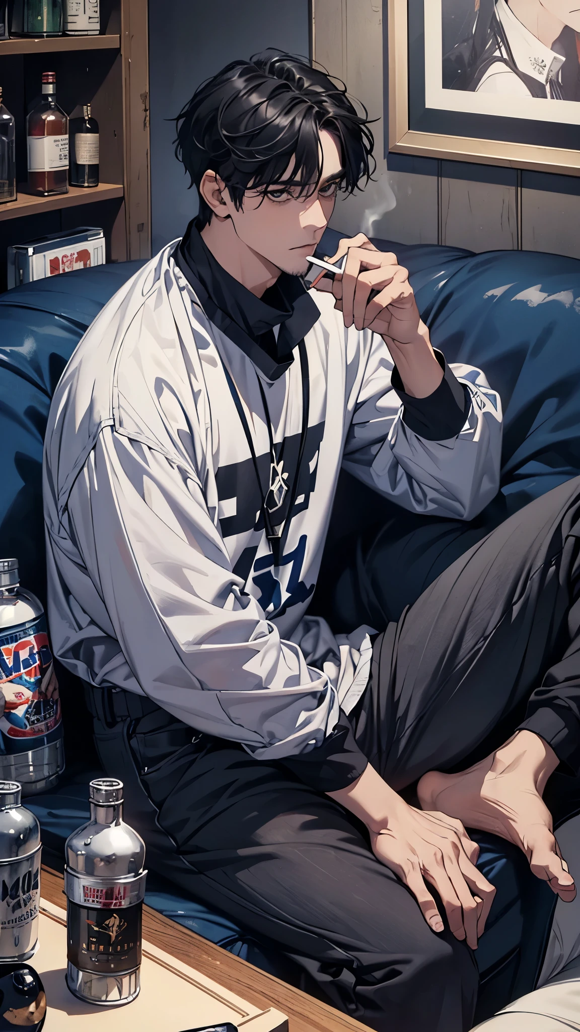 A tall, middle-aged man in a jersey with untrimmed black hair, lifeless eyes and a thin beard、Unlit room、He is sitting cross-legged on the sofa, watching TV and smoking a cigarette、１people、Full body description、Depicted from an oblique angle、Confused eyes、Empty liquor cans、