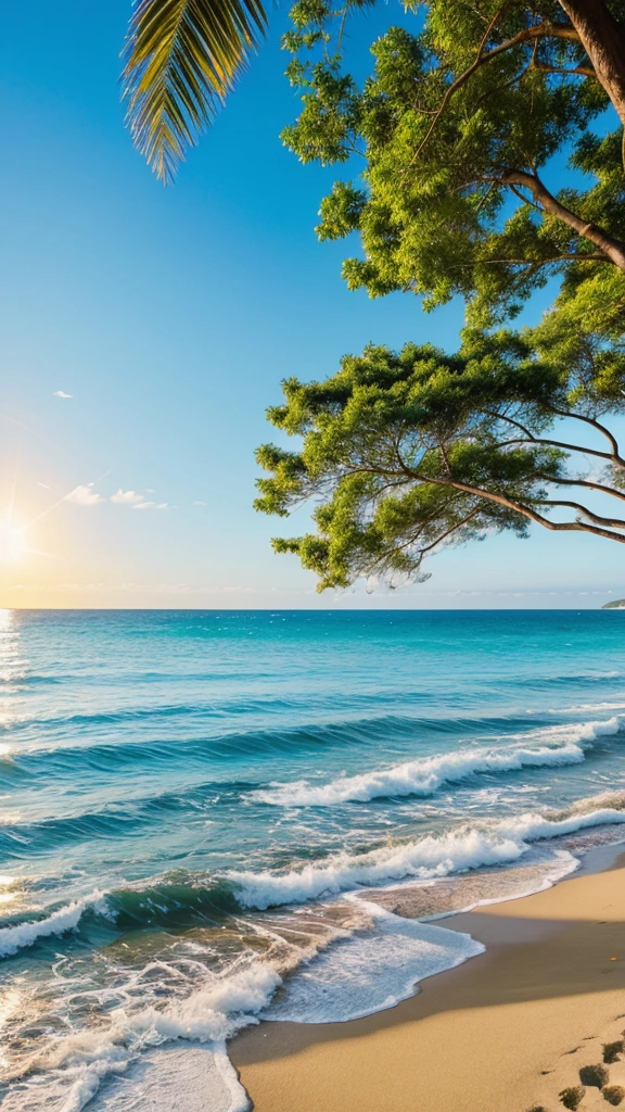Beautifull real Sea beach with land, Trees & sun Image For Photo Pose Background