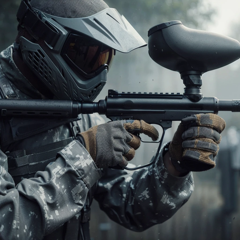 close up image, a man wearing a gray paintball uniform, wearing a goggles helmet, wearing halfface helmet, holding a paintball rifle, the man is shooting at his enemies in the paintball arena, the blurry background shows the atmosphere of a paintball arena in a field, realistic, cinematic, very detailed, very complex