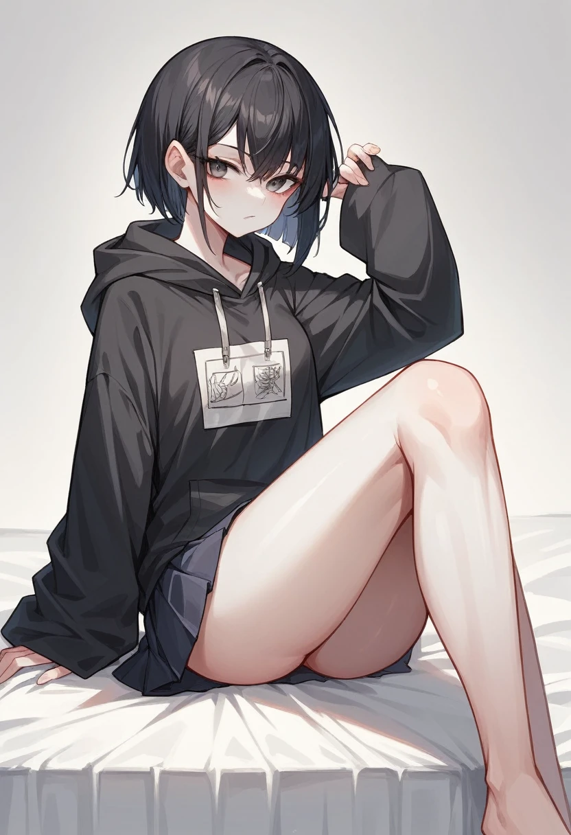 A girl with long black hair is sitting on the bed Wearing a hood He wears a black hoodie underneath his beautiful black ninja kimono. She is wearing a black pleated skirt White skin tall With bangs Beautiful face Thin legs Smooth, long, straight hair Long and narrow face With waistline Keeping your left hand in your pocket Anime Style