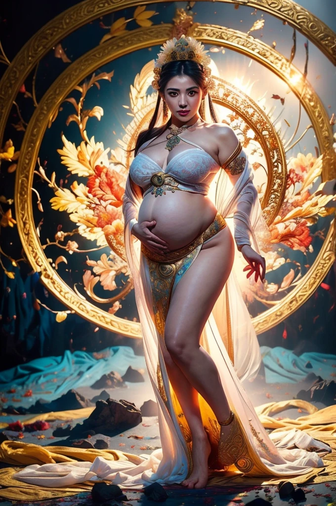 ancient Chinese phoenix costume、see -through、Big belly、pregnant woman、wearing silk cloth、Beautiful dances、1 girl in、(full bodyesbian:1.5)、solo、Hanfu、flower field、florals、(White:1.3)(realisitic:1.4)、Zen entanglement、mandalas、entanglement、Official Art、Unified 8K Wallpapers、Ultra-detail、Beautiful and beautiful、masterpiece、top-quality、(dynamic ungle:1.4)、glistning skin、(floating colorful flash:1)The most beautiful chaotic shapes、Elegant and brutal design、bright colour、romantic depth of field