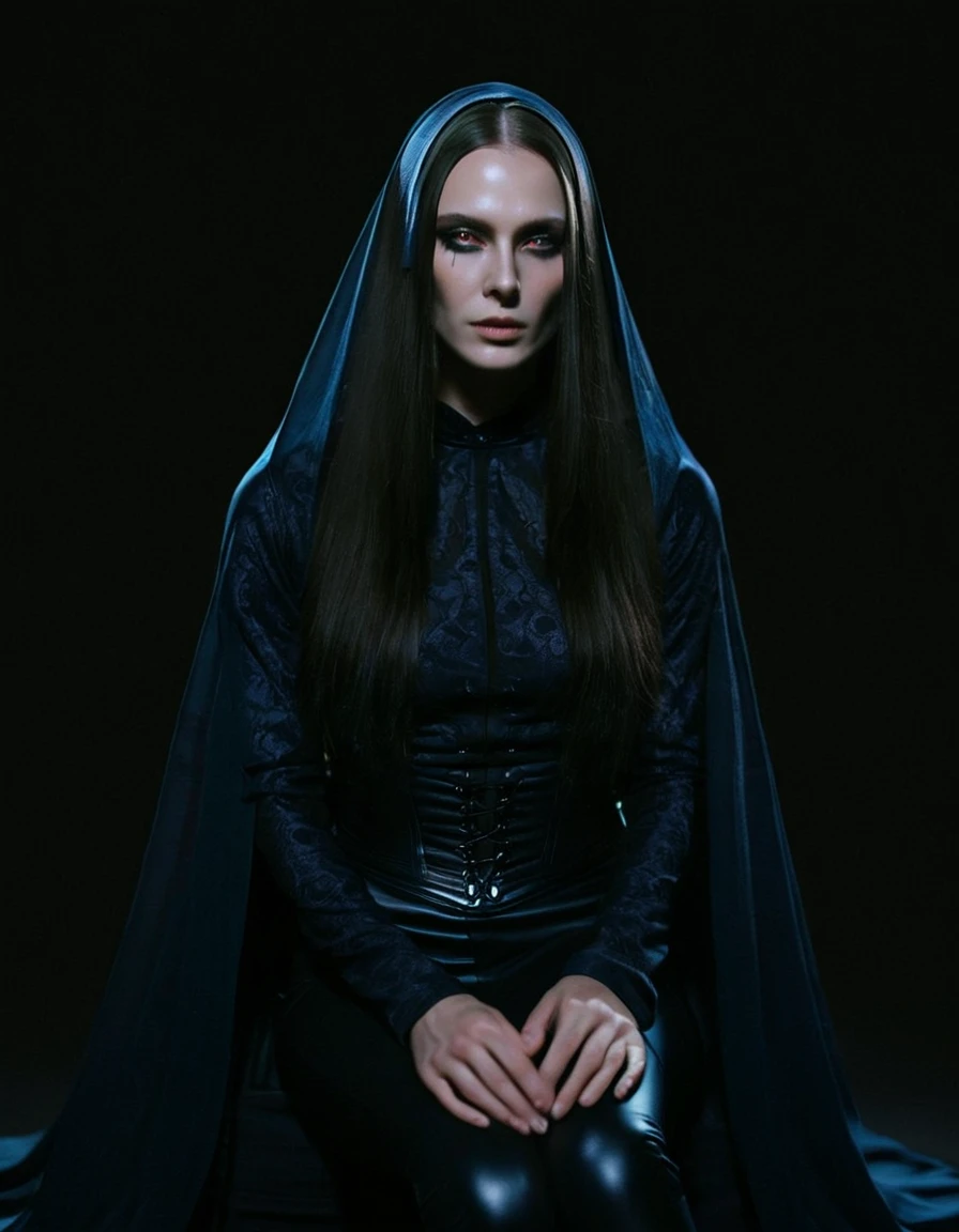 Fashionable of androgynous alien looking witch wearing veil, glowing eyes, beautiful evil slavic muscular woman, pale skin, long hair, futuristic design, minimal details, givenchy, photoreal, 200mm, hd, f/ 2.0, highly detailed, surreal, sitting, light smile, simple black stylish clothes, a slight smiledrop dead, in the style of red and blue, (intricate details, hyperdetailed:1.15) (skin texture:1.2), cinematic, professional, 4k, (((dynamic model pose))), sitting, full body, mesmerizing, dynamic, dramatic, sensual, dynamic pose, highly detailed skin with hair, subcutaneous veins, light and shadow play, highly detailed,24mm photograph, film, bokeh, professional, 4k,