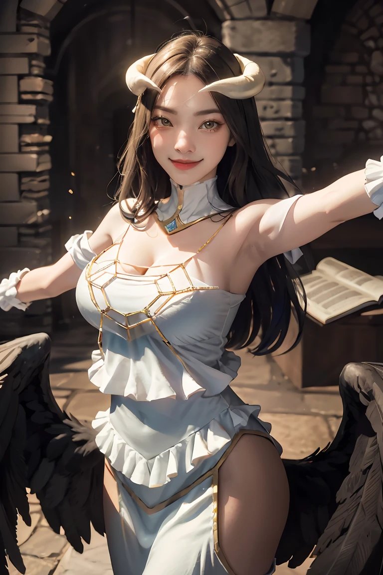 masterpiece, best quality, highres, al1, demon horns, slit pupils, white gloves, white dress, bare shoulders, detached collar, cleavage, black wings, feathered wings, low wings, cowboy shot, standing, dungeon, evil smile, reaching out, spread arms, outstretched arms,