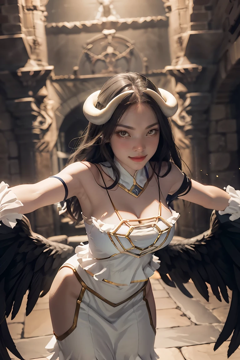 masterpiece, best quality, highres, al1, demon horns, slit pupils, white gloves, white dress, bare shoulders, detached collar, cleavage, black wings, feathered wings, low wings, cowboy shot, standing, dungeon, evil smile, reaching out, spread arms, outstretched arms,