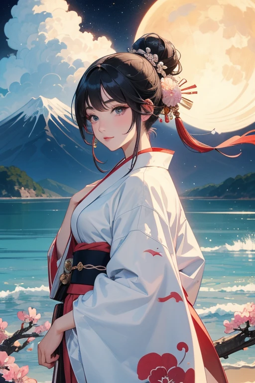 (Highest quality、masterpiece、High resolution、8K)、Vibrant colors、1 Female、Black hair Japanese topknot、whole body、Bon dance、着物は和装で白地に鮮やかなflower柄模様、Official Art、The background is Ukiyo-e style、White waves,Fuji Mountain,flower,moon,cloud,