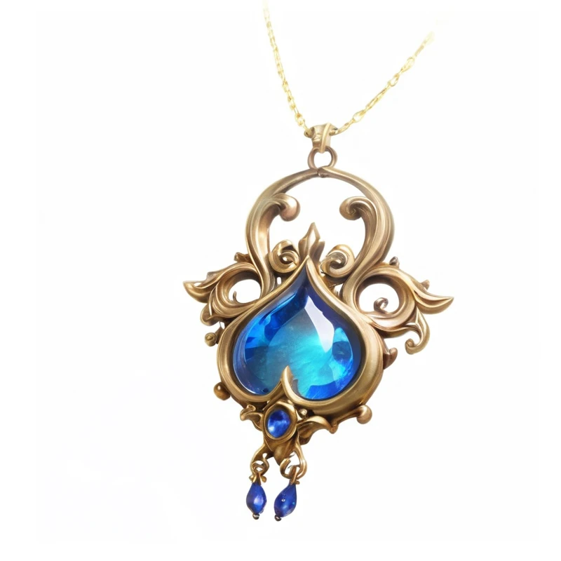 there is a blue glass period with a gold chain, magic amulet, period, Gorgeous jewelry, Gold and gorgeous jewelry, Gorgeous and smooth, Gorgeous jewelry, Fantasy game spell symbols, Jewelry Design, ethereal essence, in mysterious style, necklace, amulet, Gorgeous and exquisite jewelry, Heartstone original art style, iridescence water elemental