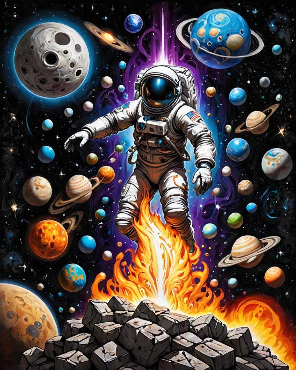 a man Uptight Outer space from inside of a Niue, art