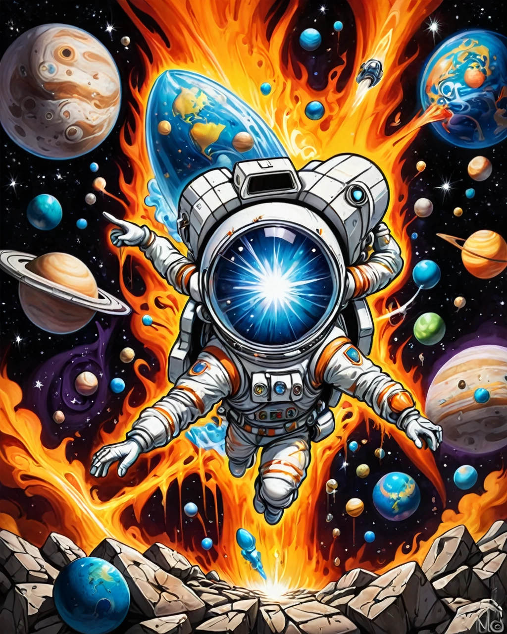 a man Uptight Outer space from inside of a Niue, art