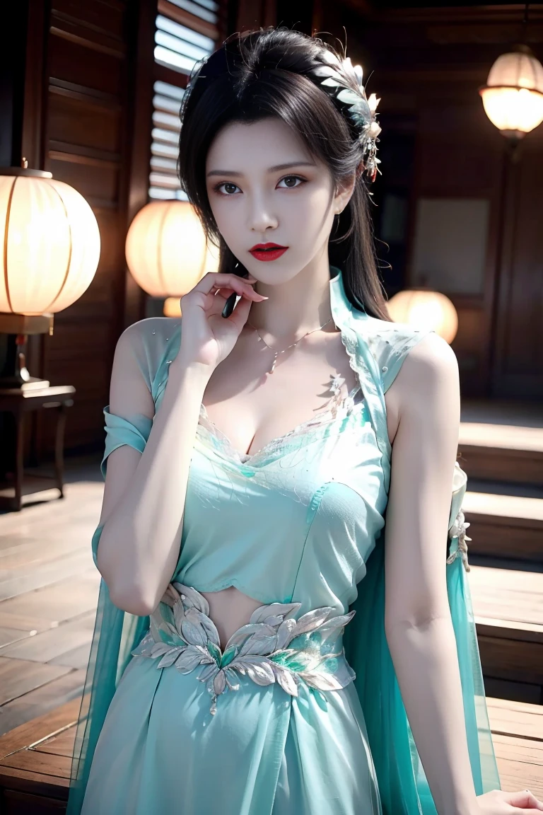 ((masterpiece)), best quality, (8K, best quality, masterpiece: 1.2), Extremely detailed, She wore an exquisite Chinese wedding dress，The skirt is embroidered with auspicious patterns of dragon and phoenix，Wearing a phoenix crown，Exquisite makeup，Red lip and white teeth，Beautiful eyes and eyebrows，Exudes an elegant and noble atmosphere。Her hair was tied in a bun，There is a red silk flower on it.，More gentle and charming。hand behind back
