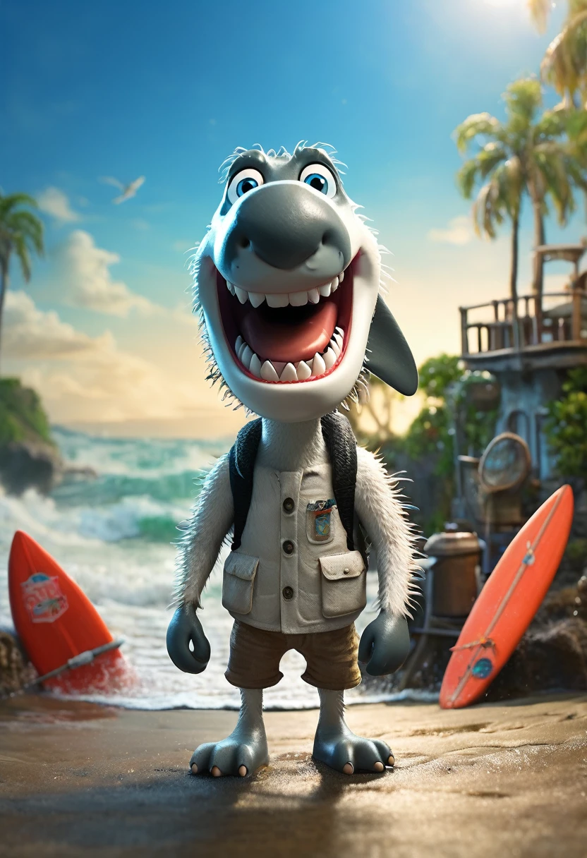 映画のような写真アニメーションのProfessionalモーションポスター、The main character is a cute and cool great white shark like Jaws、surfer、Cool pose、(cute、interesting:0.7)、Adventure Fantasy、Bokeh、Professional、4K、Very detailed