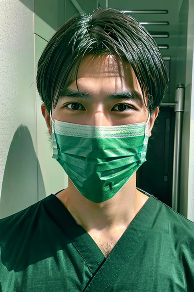 Male dentist Japanese Handsome man wearing dark green scrubs Upper body close-up Visiting the clinic Patient under treatment Serious look