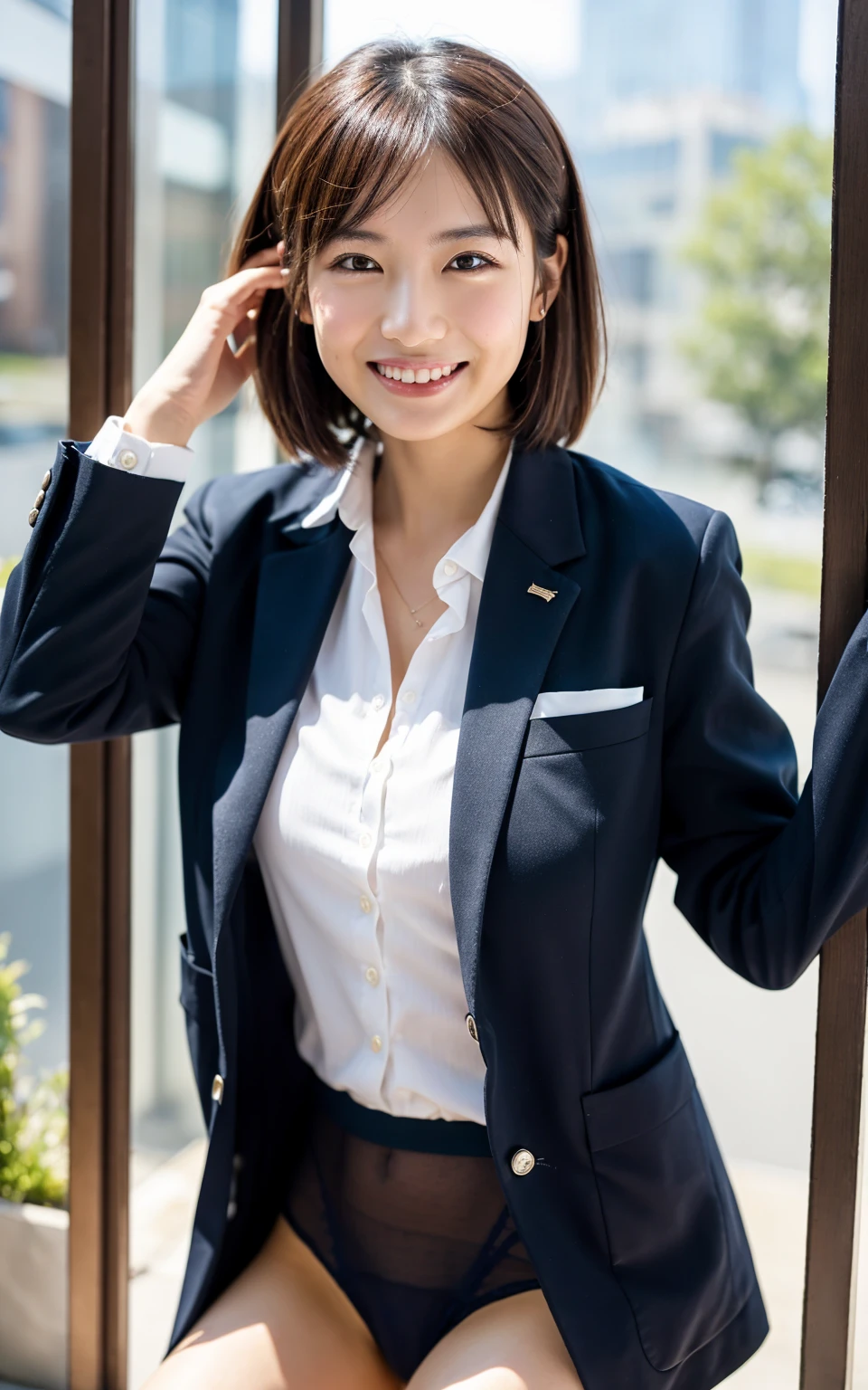 Raise your hand,（（（Inside the company）））、Wearing a business jacket,Wear a shirt,look at the camera with a smile、（Panties:1.5）、woman, 20-year-old, Short Hair,私のPantiesを露出させてください...、(レースのPantiesー)、(Tilt your head a little)、Detailed skin、Detailed skin、Detailed Sweat