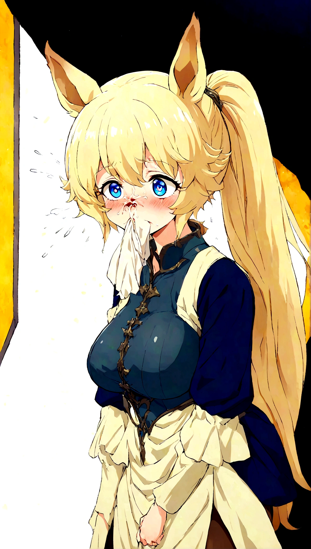 Anime Centaur.1 girl. Cute girl. Centaur girl, Half-human. Monster girl. Centaur. The girl is a horse. Blonde. Long hair. Hair ornament. Her hair is pulled back into a high ponytail. Blue eyes. Beautiful eyes. Perfect eyes. Expressive eyes. Ideal face. Face about to sneeze
Sneezing face. Beautiful nose. Snotty nose. A long snot hangs from the nose after a sneeze. 16 years. Big breasts. Beautiful breasts. Girl knight. Centaur knight. She is ill. She has a cold. She has allergies. She has a runny nose. Nasal mucus. She has snot. She wants to sneeze. She needs to sneeze. She has a strong, desperate urge to sneeze. She sneezes. She sneezes. Sprays of snot fly to the sides. Snot flows from her nose. She's on her period. Her crotch is bleeding. In the middle of the forest. Ideal anatomical body. The lower part of the body is equine. Horse slender legs. Hooves instead of feet. White linen blouse. Light plate armor - corset. Skirt. No panties. Standing. Full height. Beautiful character design. Shiny skin. Whole body. NFS. Official art. Extremely detailed CG Unity 8k wallpaper. Ideal lighting. Ultra high resolution 4K. Super detailed 8K. A high resolution.