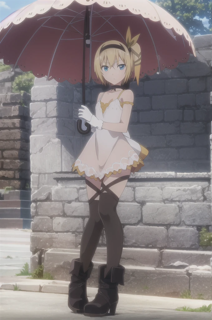 ((masterpiece)),((Highest quality)),Very detailed,Raising awareness,Explicit,beautiful body,beautiful Nose,beautiful character design,Perfect Eyes,Perfect Face,wallpaper,Ultra-high resolution,4K,photograph,(beautiful,Small breasts:1.2),(beautiful顔:1.2),beautiful足,Perfect Legs,Shiny skin,Official Style,Browsing Caution,Official Art,Create a screen capture,Anime Coloring,
One Girl,alone,umbrella,blonde,short hair,choker,Side Ponytail,ribbon,blue eyes,black choker,gloves,leg ribbon,片手gloves,hair band,whole body,hair ribbon,dress,View your viewers,tress ribbon,boots,Are standing,white dress,skirt,clavicle,Beach,Outdoor,Day,