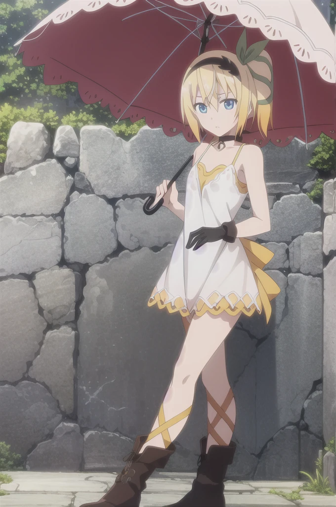 ((masterpiece)),((Highest quality)),Very detailed,Raising awareness,Explicit,beautiful body,beautiful Nose,beautiful character design,Perfect Eyes,Perfect Face,wallpaper,Ultra-high resolution,4K,photograph,(beautiful,Small breasts:1.2),(beautiful顔:1.2),beautiful足,Perfect Legs,Shiny skin,Official Style,Browsing Caution,Official Art,Create a screen capture,Anime Coloring,
One Girl,alone,umbrella,blonde,short hair,choker,Side Ponytail,ribbon,blue eyes,black choker,gloves,leg ribbon,片手gloves,hair band,whole body,hair ribbon,dress,View your viewers,tress ribbon,boots,Are standing,white dress,skirt,clavicle,Beach,Outdoor,Day,