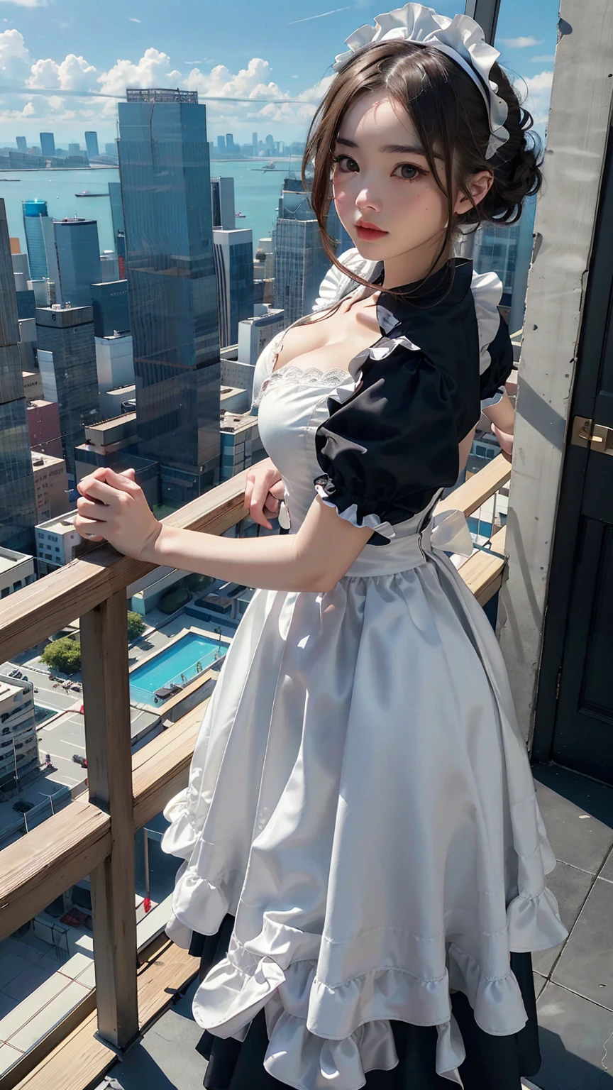 (Highest quality, masterpiece:1.2), High angle shot of a woman in a maid outfit taller than a skyscraper, Bird&#39;s Eye View, She looks up at the camera, Cat in the face, Super giant, 5000 ft tall giantess, Trampling the city, Micro City, Giga Giant, Depth of written boundary, High resolution, 超High resolution, 8K, Very detailed, Realistic, Focus on the details, skin, photograph, Beautiful elements