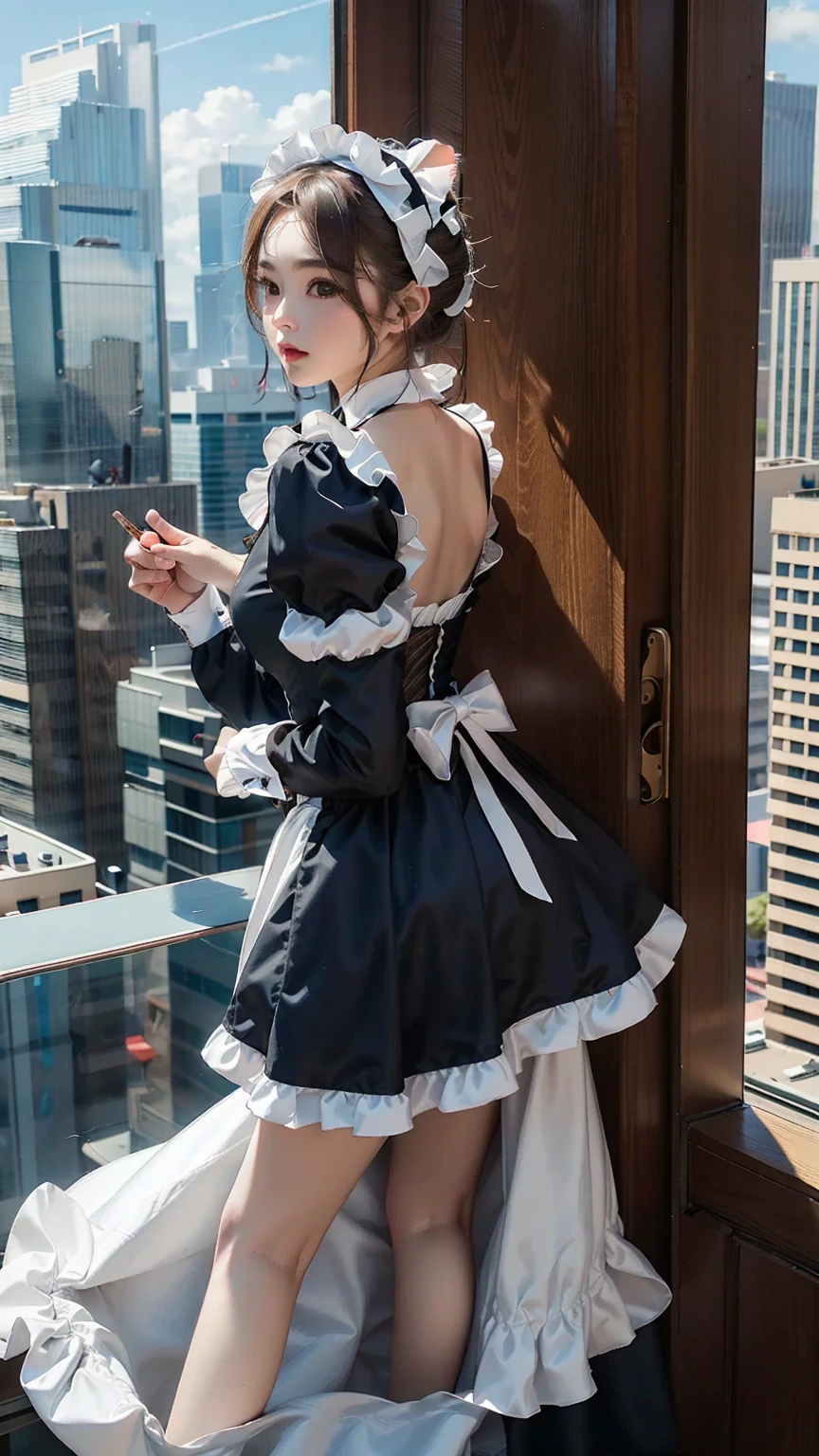 (Highest quality, masterpiece:1.2), High angle shot of a woman in a maid outfit taller than a skyscraper, Bird&#39;s Eye View, She looks up at the camera, Cat in the face, Super giant, 5000 ft tall giantess, Trampling the city, Micro City, Giga Giant, Depth of written boundary, High resolution, 超High resolution, 8K, Very detailed, Realistic, Focus on the details, skin, photograph, Beautiful elements