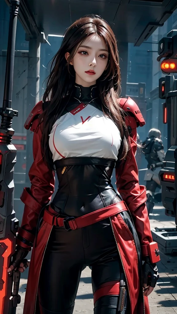 Reality, high resolution, Soft Light,1 female, Solitary, Hips up, (Delicate face), Red long hair, Cyber Warrior, , Cyberpunk,  Cyber Armor, Weapon,Luminescence,gun, beach
