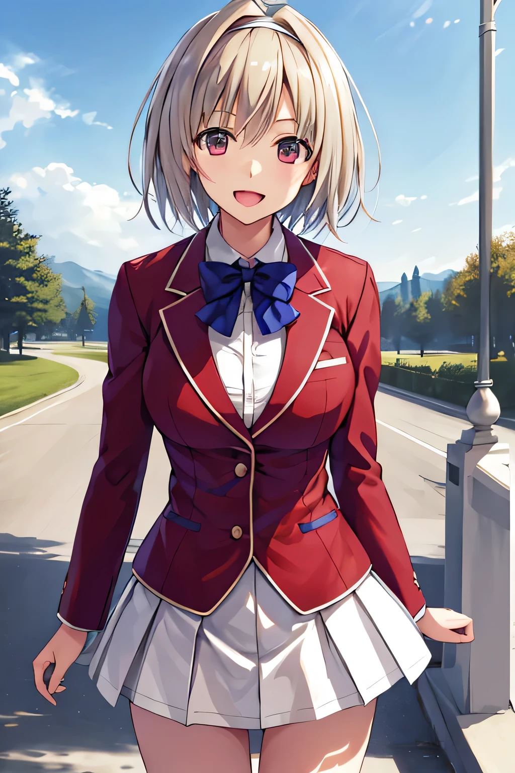 masterpiece, Highest quality, High resolution, Akio, short hair, Hair Intake, White hair band, Blue bow tie, Collared shirt, blazer, Red jacket, Long sleeve, White Skirt, Pleated skirt, Black socks, Cowboy Shot, Are standing, Outdoor, straight, Place your arms at your sides, smile, Open your mouth,