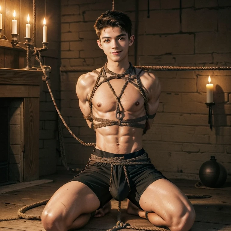  (((19 year old boy, skinny, lean))), smiling (((wearing gym shorts)))  kneeling, ((((Trussed up completely with rope)))), ((((very tight rope crossed over chest)))),(((body in tight shibari ropes))) sweating, wet skin, in a dungeon with candles and a fireplace 
