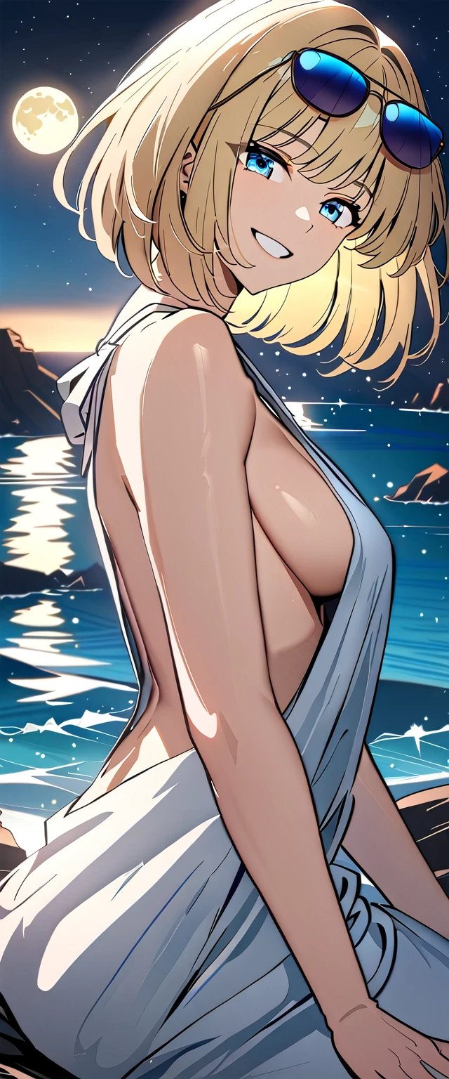 ((grin)), ((plunging neckline dress:1.3)), ((sundress)), (()), ((blond hair, bob cut:1.3)), ((sunglasses, hand to sunglasses)), (((from side))), ((((upper body)))), bare legs, (((A night sky stretching under a full moon, stars shining and reflecting on the sea surface))), ((sitting on the very high cliff)), wavy hair, inward curled hair, ((sea, nature)), breasts, teenager, (looking at viewer), oversized clothes, puffy long sleeves, collarbone, head tilt:1.3, (((blue eyes))), happy smile, (((anime style))), (best quality, 4K, 8K, highres, masterpiece:1.2, ultra-detailed, ultra-detailed eyes, HDR, uhd, studio lighting, ultra-fine painting, sharp focus, physically-based rendering, extreme detail description, professional, vivid colors, bokeh)