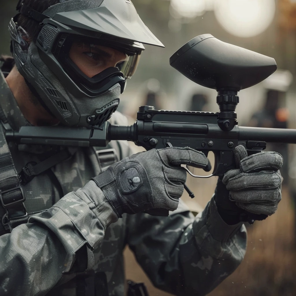 close up image, a man wearing a gray paintball uniform, wearing a goggles helmet, wearing halfface helmet, holding a paintball rifle, the man is shooting at his enemies in the paintball arena, the blurry background shows the atmosphere of a paintball arena in a field, realistic, cinematic, very detailed, very complex