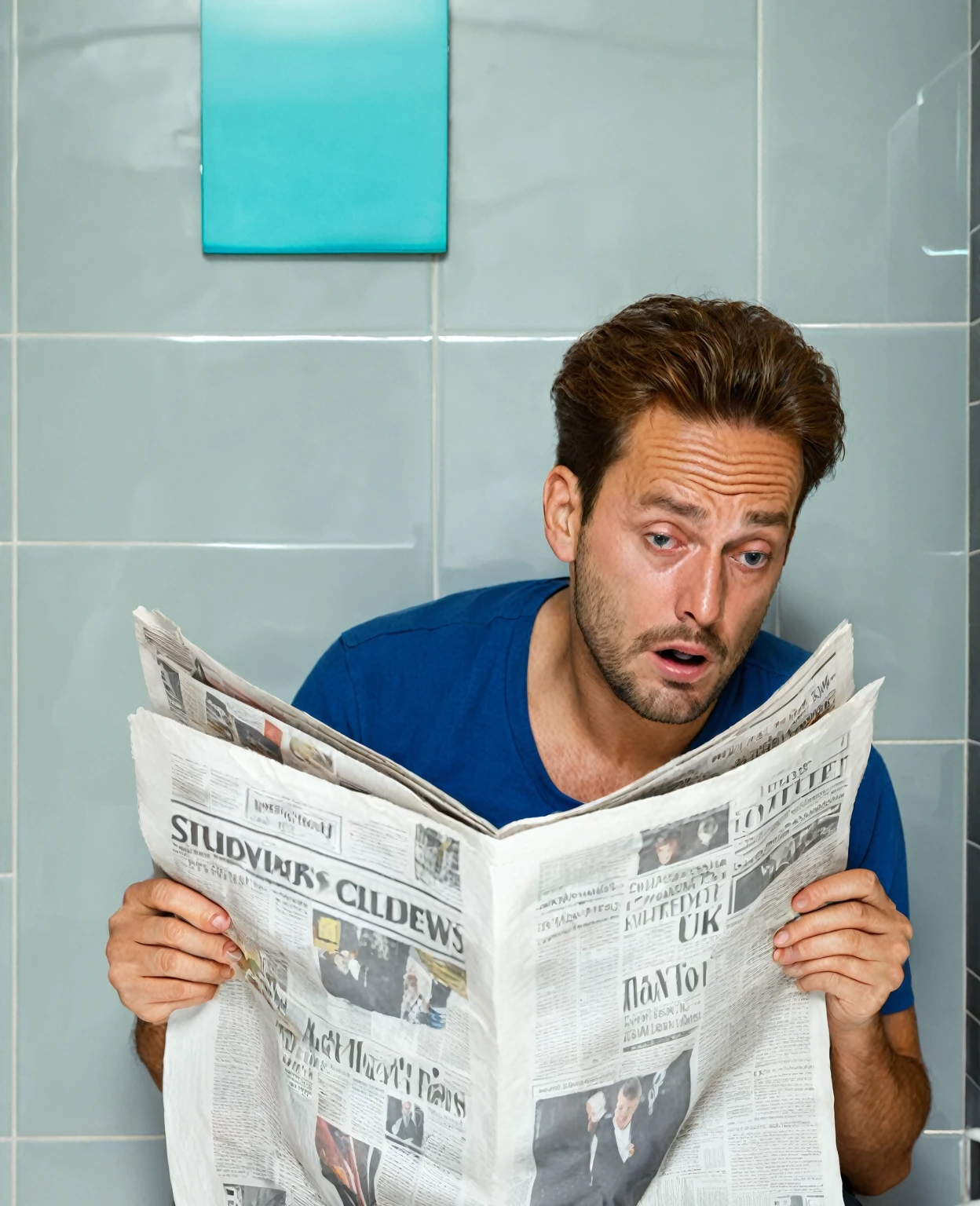 Realism,photography,8K,detail,Man sitting on toilet and reading newspaper,Exaggerated facial expression