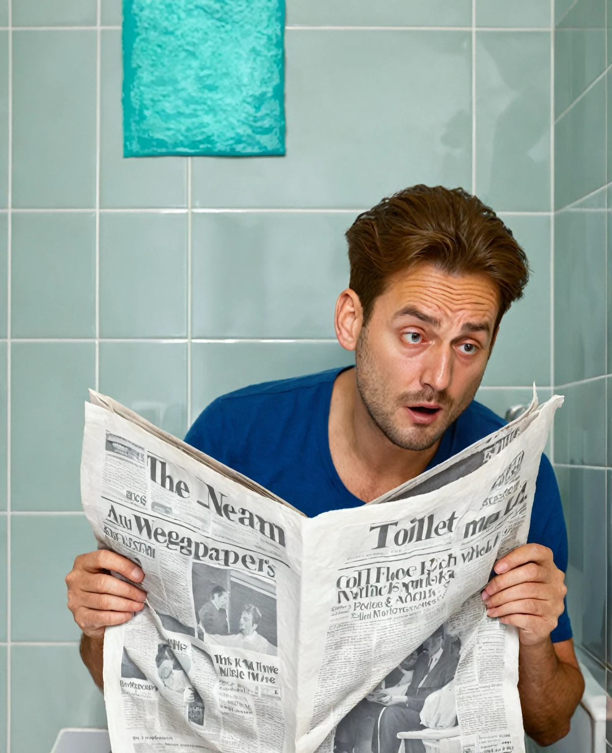 Realism,photography,8K,detail,Man sitting on toilet and reading newspaper,Exaggerated facial expression