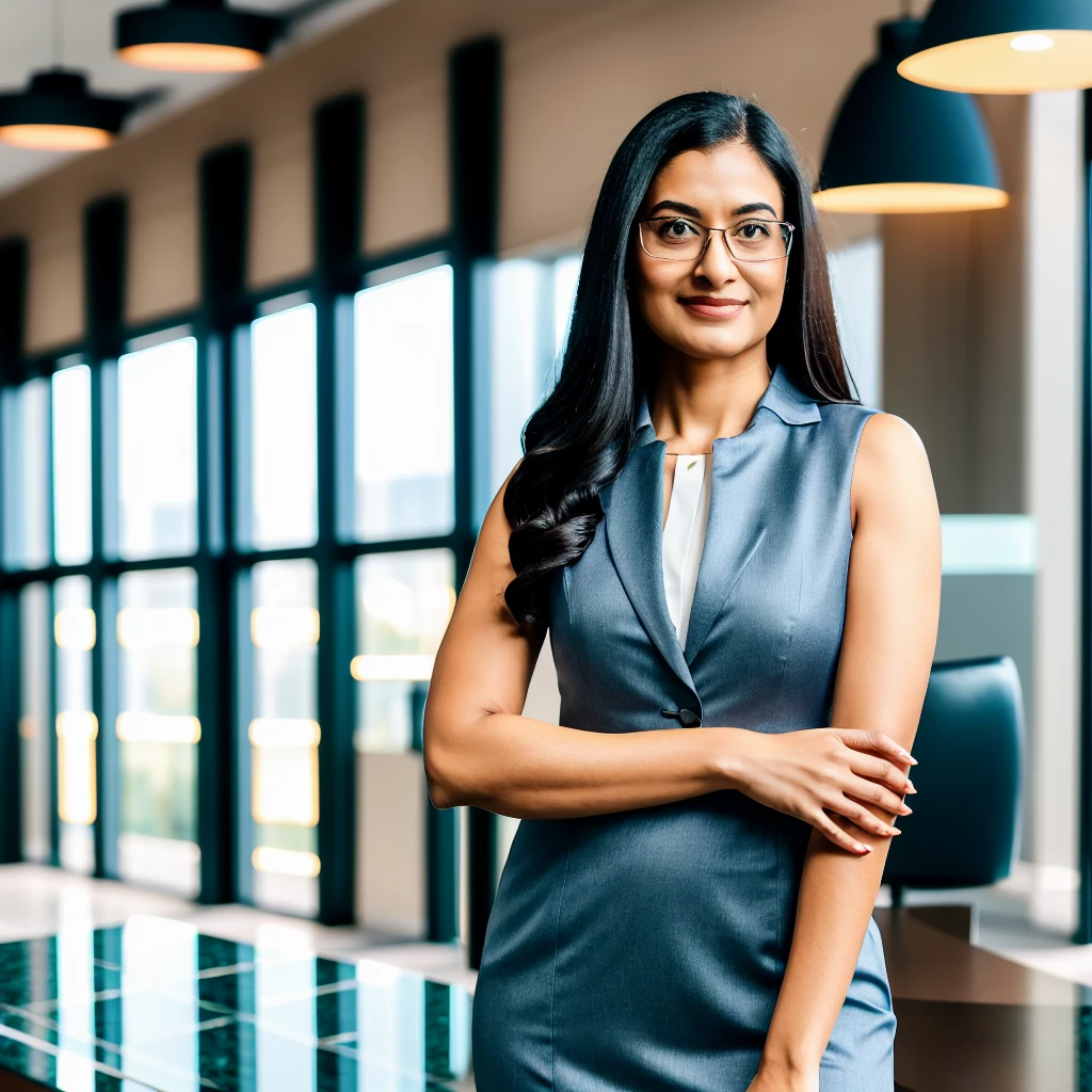 arafed woman in glasses standing in a lobby with her arms crossed, waist up portrait, sophisticated young woman, young business woman, front portrait, confident looking, portrait of a beautiful, wearing business casual dress, fotografia, smart looking, portrait of beautiful, standing in a restaurant, confident relaxed pose, woman, female in office dress, woman in business suit