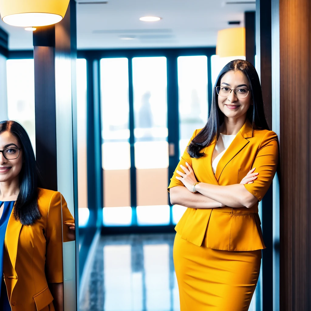 arafed woman in glasses standing in a lobby with her arms crossed, waist up portrait, sophisticated young woman, young business woman, front portrait, confident looking, portrait of a beautiful, wearing business casual dress, fotografia, smart looking, portrait of beautiful, standing in a restaurant, confident relaxed pose, woman, female in office dress, woman in business suit