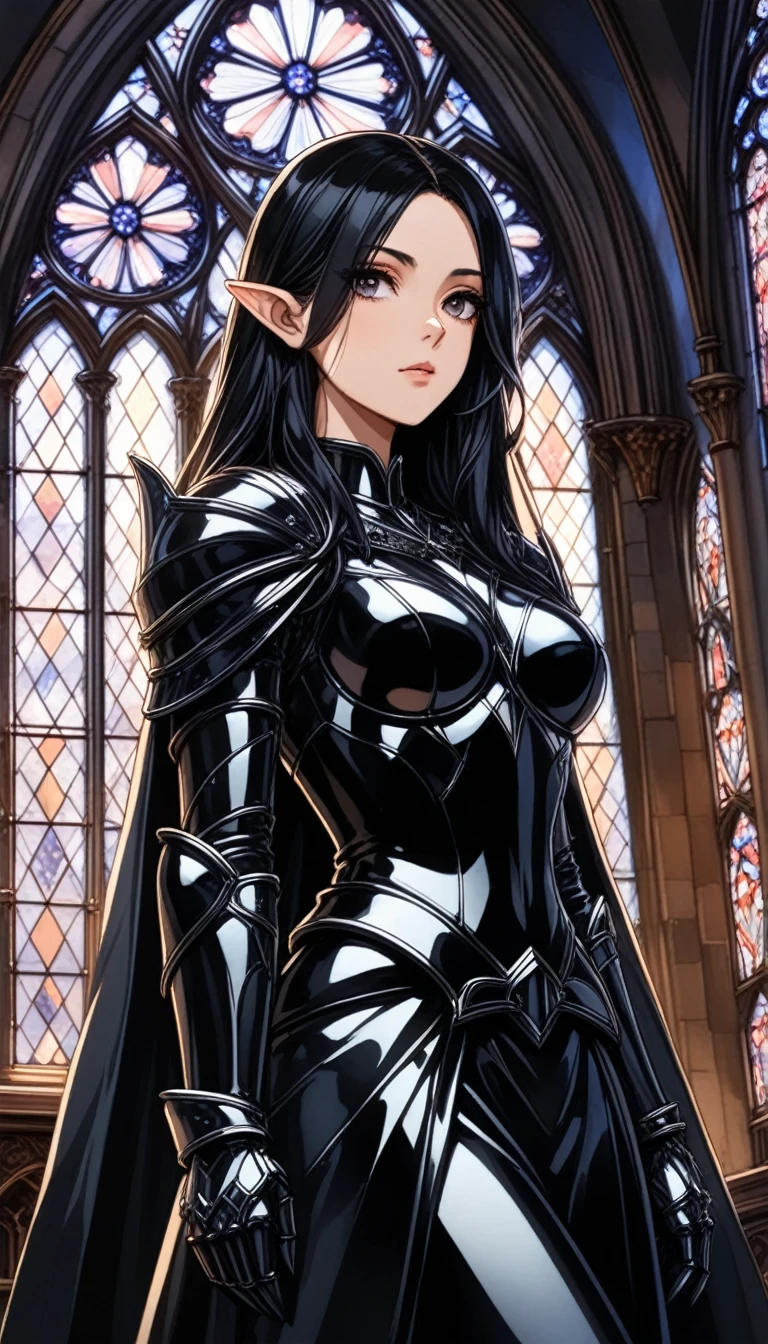 1 girl, Long ebony hair, rhombus stripe, pointy ears,
no centro de Sainte Chapelle,
[black choker:spines:0.4], [obsidian:Plata:0.5] trim, [obsidian:Plata:0.5] armors, armorsed dress, Transparent robe, Claw gauntlets, torresmos,
very aesthetic, high resolution, 4K, 8K, intricate-detail, cinematic lighting, incredible quality, amazing shading, detailed illustration, offcial artwork, wall-paper, offcial art,
extremely detailed eye and face, beautiful detailed eyes,
from low, trunk, dutch angle,
