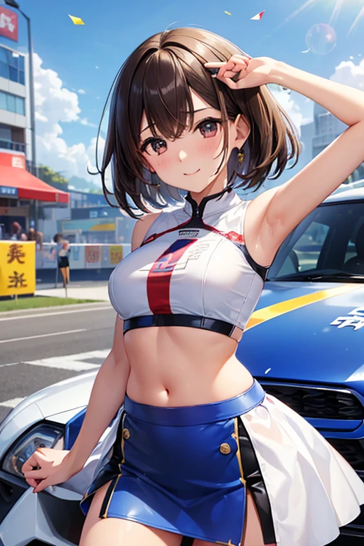 Highest quality, Highest quality, 16K, Unbelievably absurd, Very detailed, 2.5D, delicate and dynamic, blue sky, Confetti, Racing Car, flag, Small face, Very delicate facial expressions, Delicate eye depiction, Very fine hair, Upper body close-up, Only sexy women, Healthy body shape, 22-year-old woman, Race Queen, Height: 170cm, Big companies go bankrupt, anegasaki nene、Shiny brown hair, short hair, (Beautiful brown eyes)、smile、Sparkling eyes, (Fine grain)、Ultra-detailed eyes、Very detailedな顔, Very detailedな目,Cowboy Shot、, (((Sexy long legs, 露出度の高いRace Queenの袖なしコスチューム, Blue tight mini skirt, Belly button、White Leather Long Boots))), Formula 1, Auto Racing Track