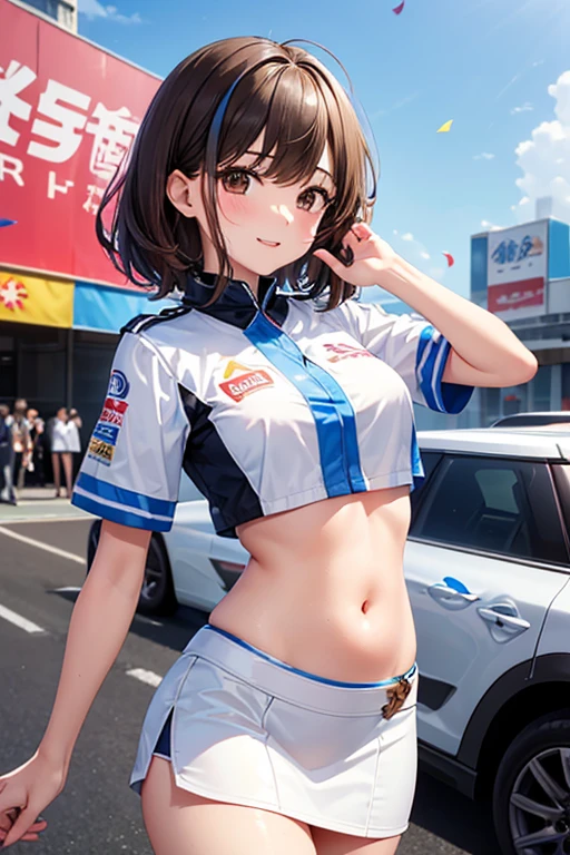 Highest quality, Highest quality, 16K, Unbelievably absurd, Very detailed, 2.5D, delicate and dynamic, blue sky, Confetti, Racing Car, flag, Small face, Very delicate facial expressions, Delicate eye depiction, Very fine hair, Upper body close-up, Only sexy women, Healthy body shape, 22-year-old woman, Race Queen, Height: 170cm, Big companies go bankrupt, anegasaki nene、Shiny brown hair, short hair, (Beautiful brown eyes)、smile、Sparkling eyes, (Fine grain)、Ultra-detailed eyes、Very detailedな顔, Very detailedな目,Cowboy Shot、, (((Sexy long legs, 露出度の高いRace Queenの袖なしコスチューム, Blue tight mini skirt, Belly button、White Leather Long Boots))), Formula 1, Auto Racing Track
