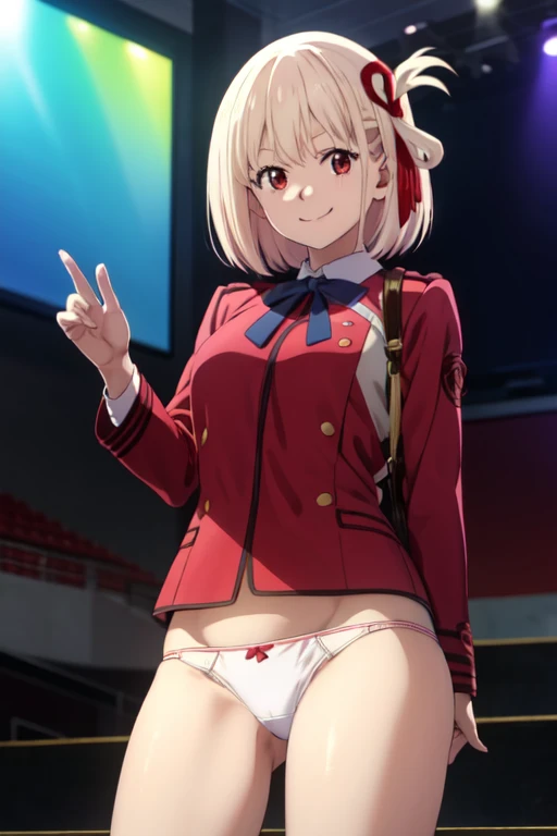 alone, Chisato Nishikigi,Red eyes, Looking at the audience, smile, uniform,White panties,