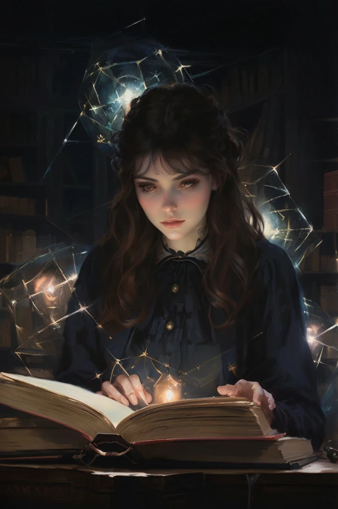 A woman is reading in a library under the lights, Kramskoy 4K, neoartcore 和 charlie bowater, Tom Bagshaw Donato Giancora, Robbery King, tom bagshaw style, tom bagshaw portrait, Fantasy genre portrait, Valentine&#39;s Day Shuffle, Tom Bagshaw Art Style, Mary Jane Ansell, artstyle tom bagshaw