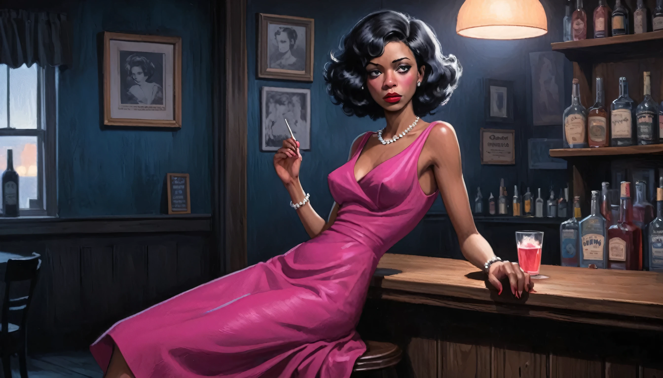 robert johnson, gritty, alabama bar, blue note, charismatic , fuchsia dress, illustration, noir fantasy, lone canadian lady, sad ending, saxophonist