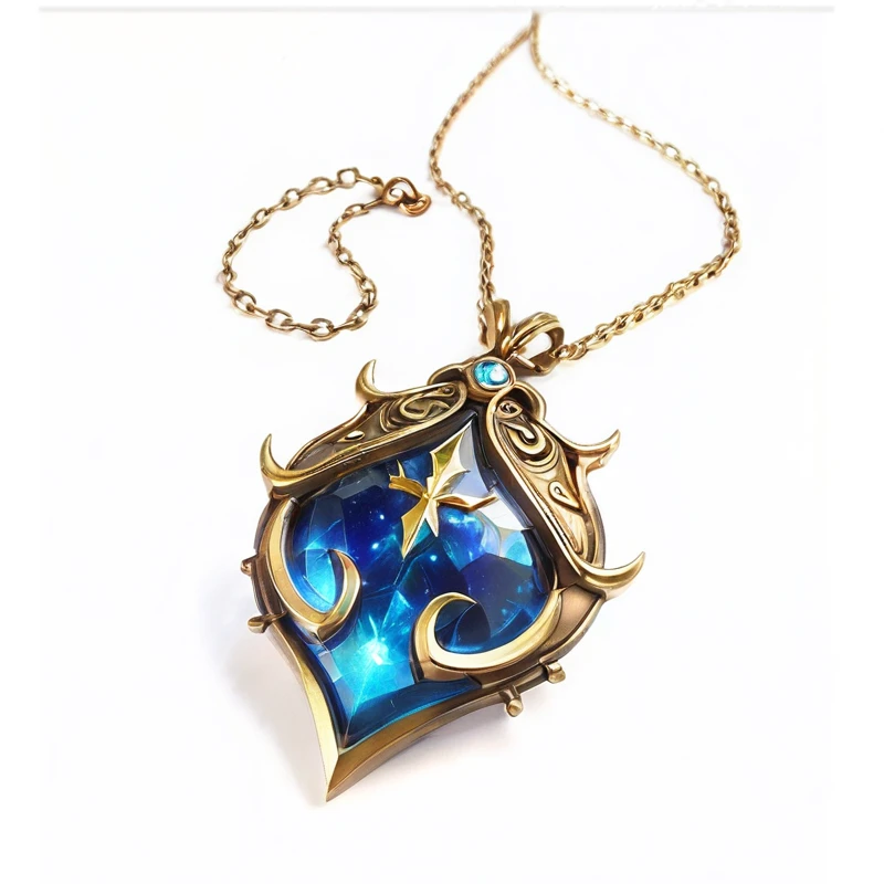 There is a necklace,It has a blue and gold shield on it, period, League of Legends Arcane, From World of Warcraft, Shadowverse Style, Role Playing Game Items, ethereal essence, Star Spirit!!!!, in mysterious style, Aurelion Sol, Sci-fi necklace, Star Spirit!!, Magic amulet, Astrie Lohne, I'm going, Fantasy Very Detailed