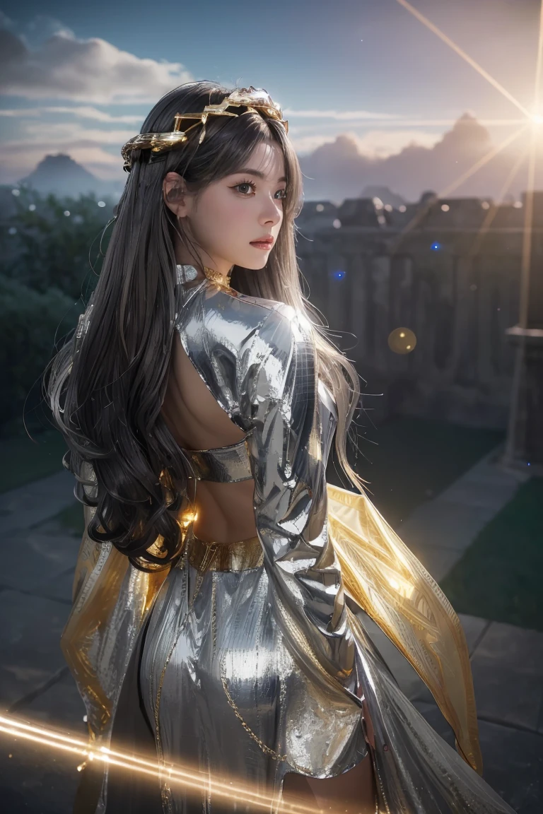 ((masterpiece, best quality, extremely detailed), volumetric lighting, ambient occlusion, colorful, glowing), 1girl, solo, young girl, (dark hair), long hair, halo, aura, sacred, goddess, cleric suit, (silver outfit with gold detailst:1.3), armor, outdoors, sunset, sky, clouds, space, (fantasy theme:1.2),