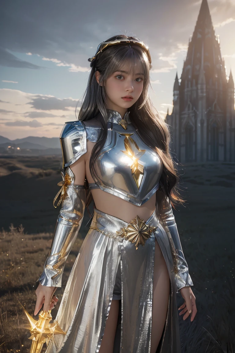 ((masterpiece, best quality, extremely detailed), volumetric lighting, ambient occlusion, colorful, glowing), 1girl, solo, young girl, (dark hair), long hair, halo, aura, sacred, goddess, cleric suit, (silver outfit with gold detailst:1.3), armor, outdoors, sunset, sky, clouds, space, (fantasy theme:1.2),