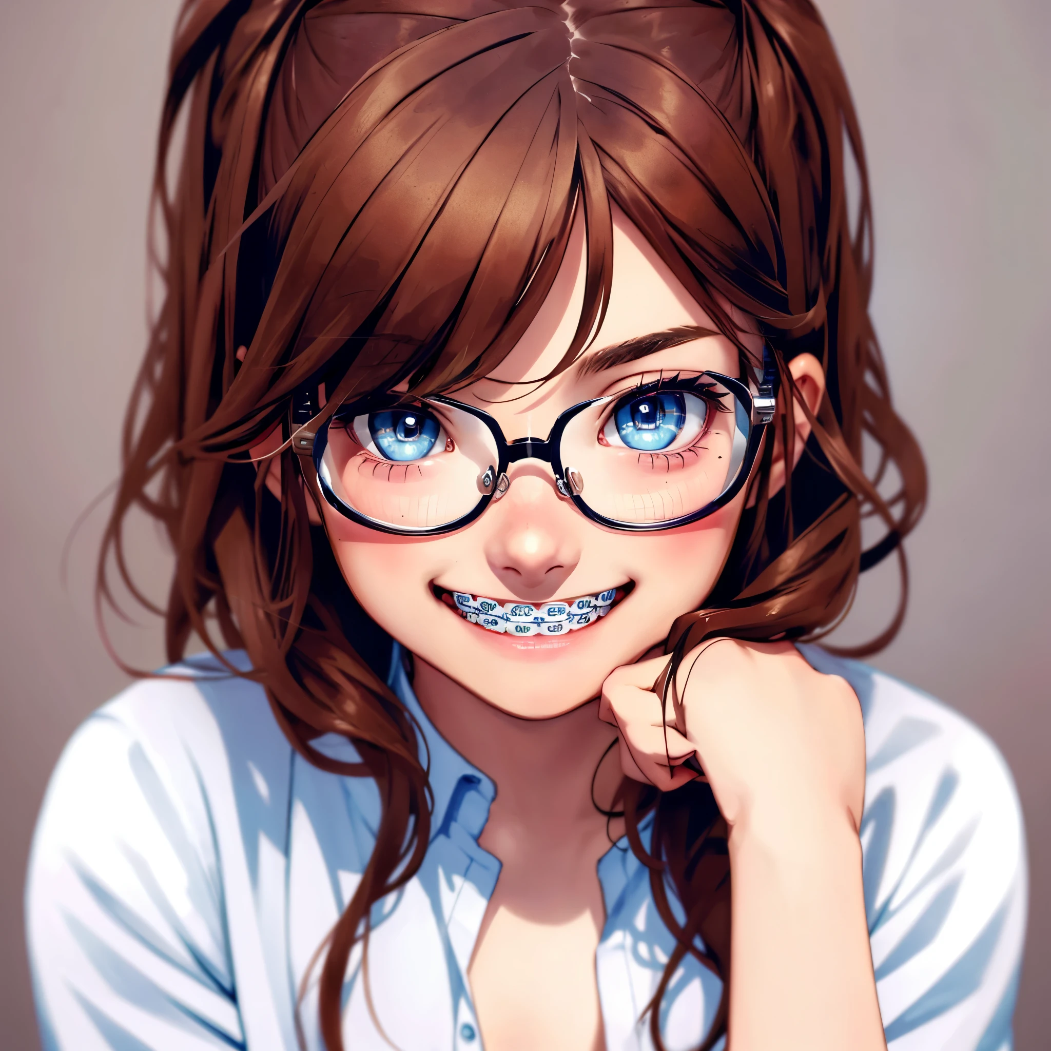 1girl, seductive eyes, braces, glasses, smiling, cute, face focus, blue eyes, blush, brown hair, best quality, masterpiece, highres