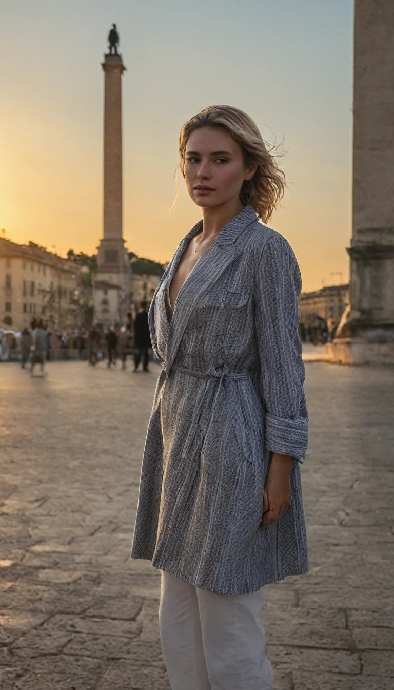 golden hour, Piazza del Popolo, back lighting, fashion shoot, looking at the camera, dynamic pose, in the style of Vogue, warm lighting
