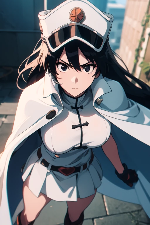 bambietta, bambietta basterbine, long hair, black hair, (black eyes:1.5), (medium breast:1.2),
BREAK skirt, gloves, boots, belt, cape, cloak, white cloak, hat, cap,
BREAK looking at viewer,
BREAK outdoors,
BREAK (masterpiece:1.2), best quality, high resolution, unity 8k wallpaper, (illustration:0.8), (beautiful detailed eyes:1.6), extremely detailed face, perfect lighting, extremely detailed CG, (perfect hands, perfect anatomy),