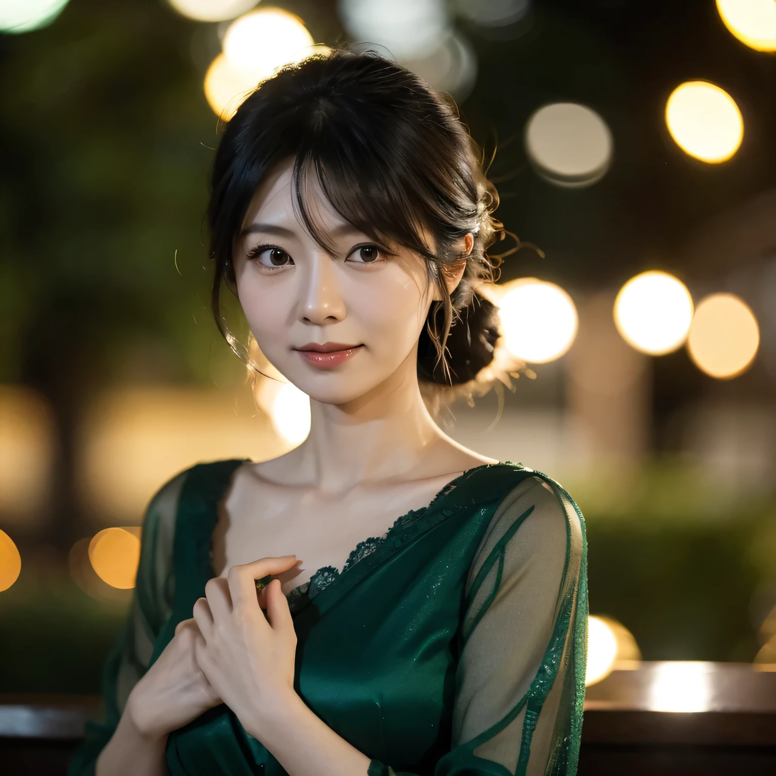 Japanese woman in her 50s, night view, green dress, romantic bokeh