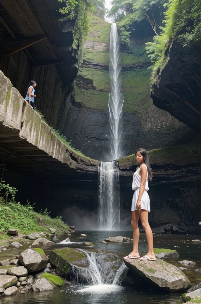 A young manwho went to visit to waterfall A you with female friend